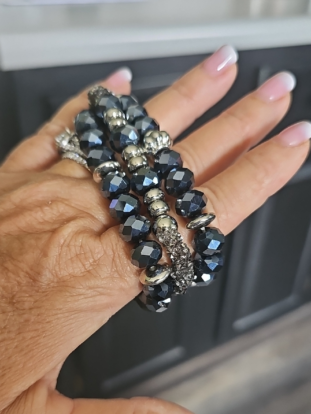 Faceted Dark Blue Hematite Beaded Stretch Bracelet Set